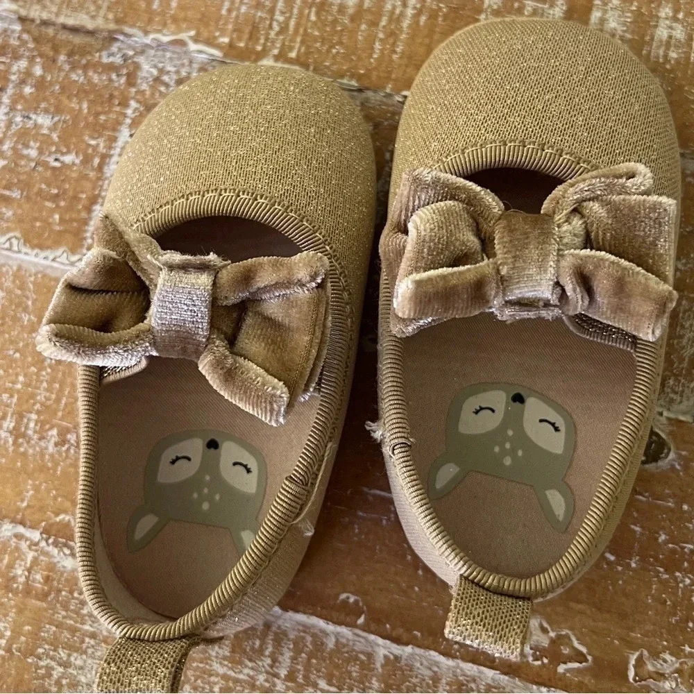 H&M baby girl flats shoes glitter velvet gold sparkles bow